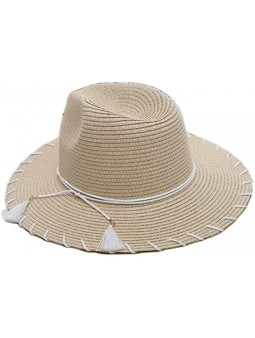 Sun Hats Women Elegant Bowknot Floppy Beach Straw Hats Wide Brim Packable Sun Cap - Tassel Beige - CD18EZOGDZU $18.36