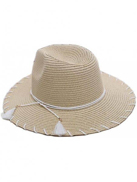 Sun Hats Women Elegant Bowknot Floppy Beach Straw Hats Wide Brim Packable Sun Cap - Tassel Beige - CD18EZOGDZU $18.36