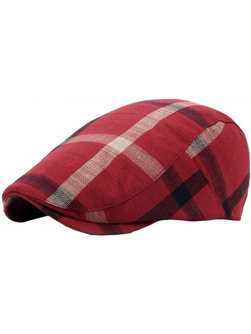 Newsboy Caps Men Classic Retro Beret Hat Cotton Plaid Newsboy Artist Cabbie Flat Cap - Red - CO18L7GMHWO $13.01