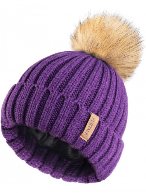 Skullies & Beanies Womens Winter Knitted Beanie Hat with Faux Fur Pom Fleece Lined Warm Beanie for Women - 16-dark Purple - C...