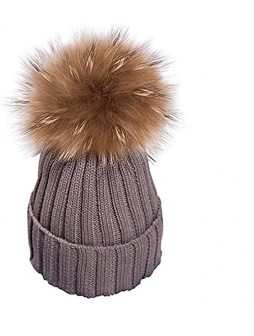 Skullies & Beanies Womens Girls Warm Winter Raccoon Fur Pom Pom Ball Knit Beanie Skull Hat - Dark Khaki - CR188TEMSQ5 $14.50