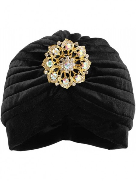 Skullies & Beanies Women's 20S Gatsby Turban Hat Noble Ruffle Glitter Pleated Stretch Head Wraps Chemo Cap - C-black - CH196S...