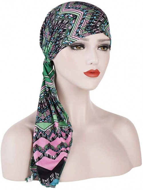 Skullies & Beanies Muslim Long Tail Cap Unisex Deluxe Boho Floral Printed Headwraps Pirate Cap 360 Waves Indian Hat - Green -...