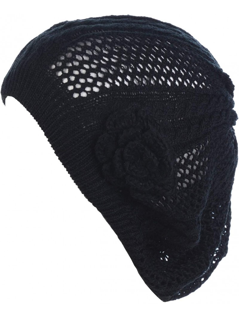 Berets Open Weave Womens Crochet Mesh Beanie Hat Flower Fashion Soft Knit Beret Cap - Black Cable - CM12BDHT9O3 $15.35