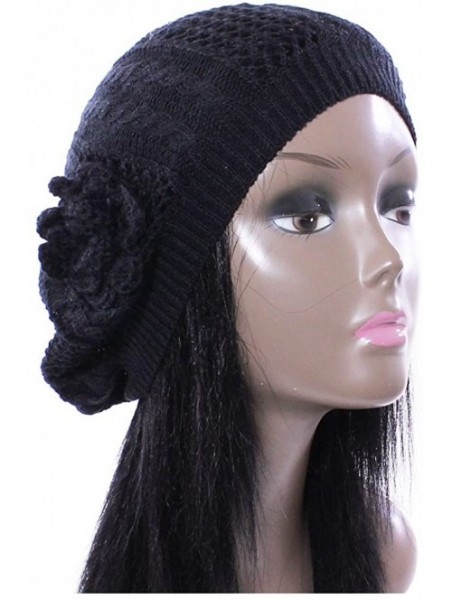 Berets Open Weave Womens Crochet Mesh Beanie Hat Flower Fashion Soft Knit Beret Cap - Black Cable - CM12BDHT9O3 $15.35