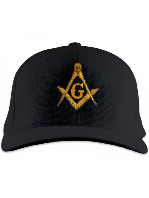 Baseball Caps Gold Square & Compass Embroidered Masonic Flexfit Adult Cool & Dry Piqué Mesh Hat - Black - CW11S4LN5CJ $24.85