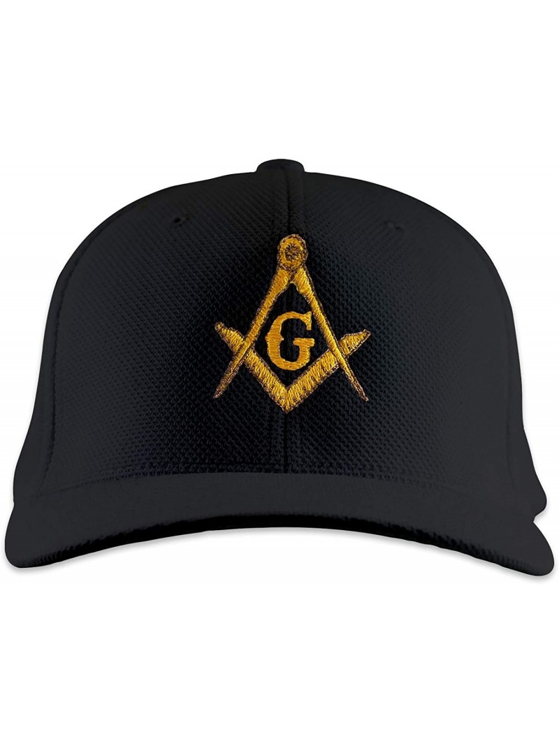 Baseball Caps Gold Square & Compass Embroidered Masonic Flexfit Adult Cool & Dry Piqué Mesh Hat - Black - CW11S4LN5CJ $24.85