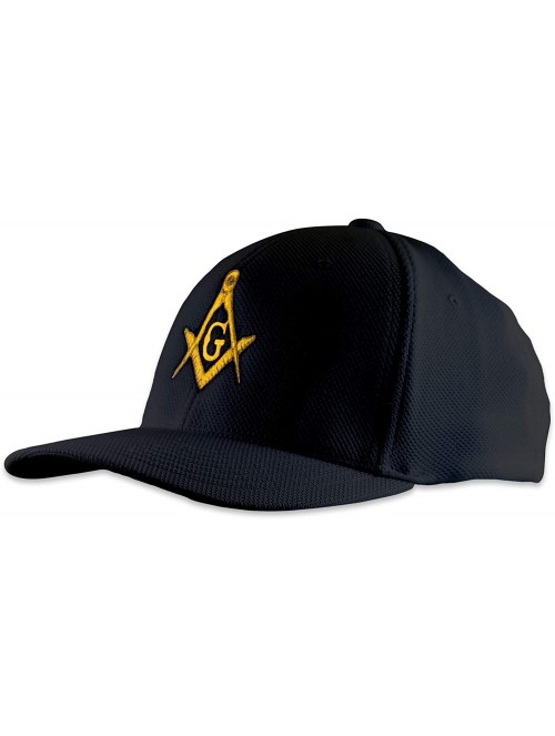 Baseball Caps Gold Square & Compass Embroidered Masonic Flexfit Adult Cool & Dry Piqué Mesh Hat - Black - CW11S4LN5CJ $24.85