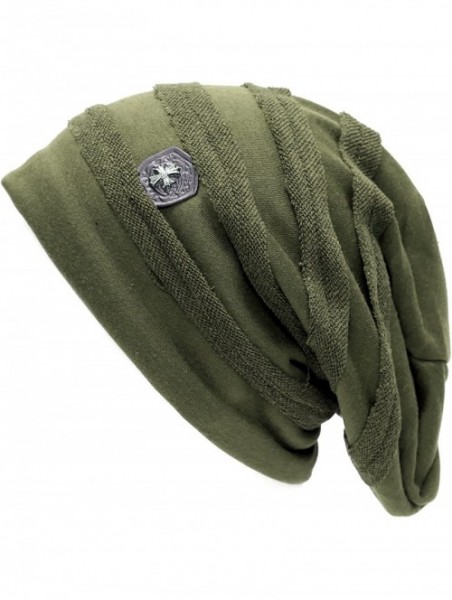 Skullies & Beanies Vintage Horizontal Long Slouchy Baggy Beanie Cross Badge Lined Winter Hat - Olive - C212MABQH64 $11.62