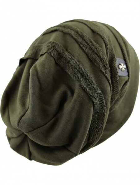 Skullies & Beanies Vintage Horizontal Long Slouchy Baggy Beanie Cross Badge Lined Winter Hat - Olive - C212MABQH64 $11.62