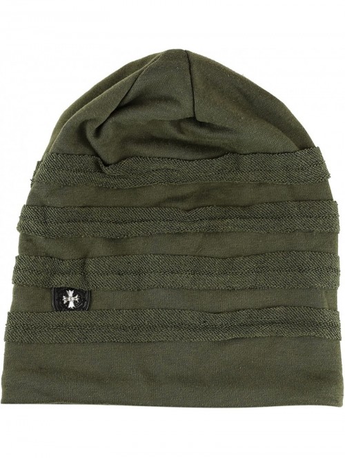 Skullies & Beanies Vintage Horizontal Long Slouchy Baggy Beanie Cross Badge Lined Winter Hat - Olive - C212MABQH64 $11.62