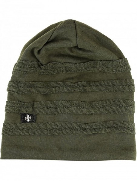 Skullies & Beanies Vintage Horizontal Long Slouchy Baggy Beanie Cross Badge Lined Winter Hat - Olive - C212MABQH64 $11.62