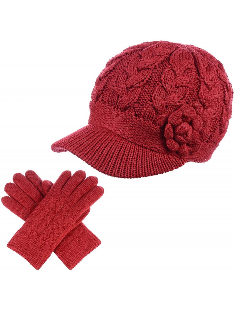 Newsboy Caps Women's Winter Fleece Lined Elegant Flower Cable Knit Newsboy Cabbie Hat - Red Cable Flower-hat Gloves Set - CL1...