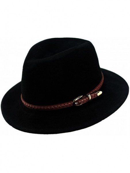 Fedoras Wool Fedora Hat-Women's Wide Brim Felt Panama Crushable Vintage Trilby with Leather Band - A1-black - C11859E79UN $24.06