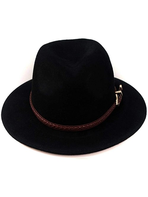 Fedoras Wool Fedora Hat-Women's Wide Brim Felt Panama Crushable Vintage Trilby with Leather Band - A1-black - C11859E79UN $24.06