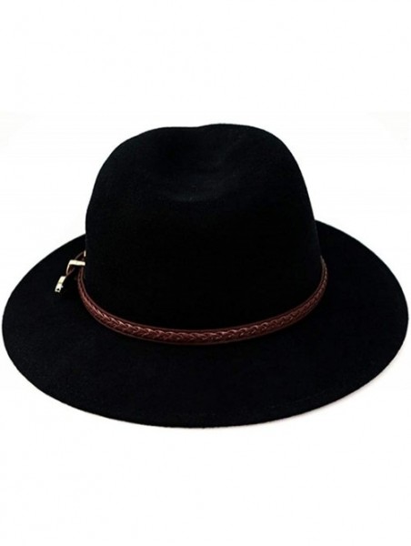 Fedoras Wool Fedora Hat-Women's Wide Brim Felt Panama Crushable Vintage Trilby with Leather Band - A1-black - C11859E79UN $24.06