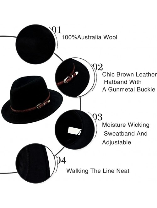 Fedoras Wool Fedora Hat-Women's Wide Brim Felt Panama Crushable Vintage Trilby with Leather Band - A1-black - C11859E79UN $24.06