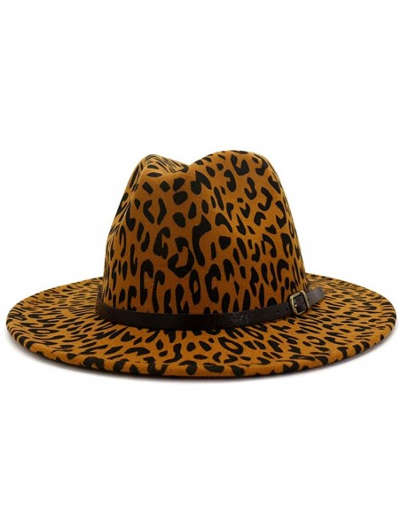 Fedoras Men & Women's Wide Brim Fedora Hat with Band Unisex Felt Panama Cap - Leopard Khaki - CB199DRQLKH $18.18