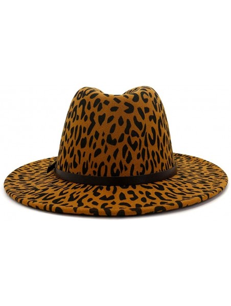 Fedoras Men & Women's Wide Brim Fedora Hat with Band Unisex Felt Panama Cap - Leopard Khaki - CB199DRQLKH $18.18