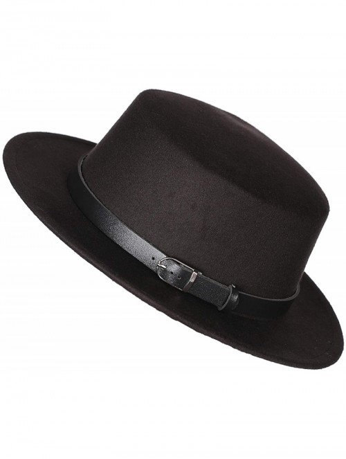 Fedoras Women's Brim Fedora Wool Flat Top Hat Church Derby Belt Cap - Black - CN18L0YN9R9 $19.77