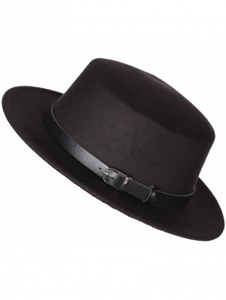 Fedoras Women's Brim Fedora Wool Flat Top Hat Church Derby Belt Cap - Black - CN18L0YN9R9 $19.77