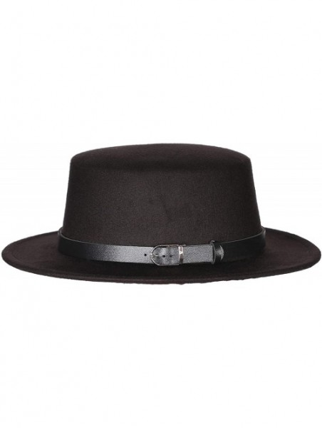 Fedoras Women's Brim Fedora Wool Flat Top Hat Church Derby Belt Cap - Black - CN18L0YN9R9 $19.77