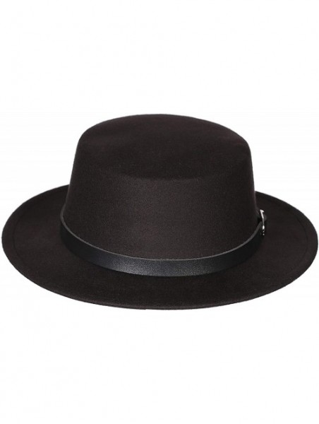 Fedoras Women's Brim Fedora Wool Flat Top Hat Church Derby Belt Cap - Black - CN18L0YN9R9 $19.77