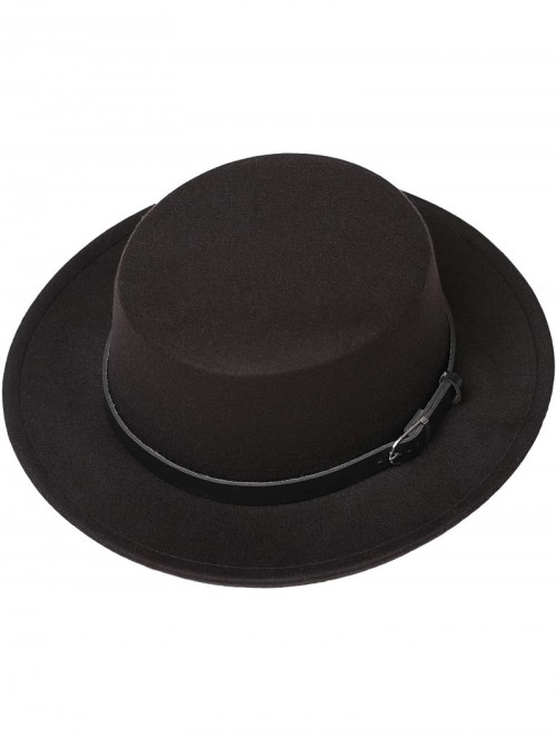 Fedoras Women's Brim Fedora Wool Flat Top Hat Church Derby Belt Cap - Black - CN18L0YN9R9 $19.77