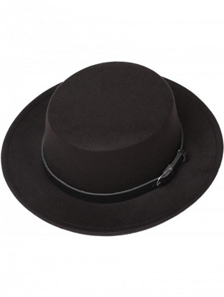 Fedoras Women's Brim Fedora Wool Flat Top Hat Church Derby Belt Cap - Black - CN18L0YN9R9 $19.77