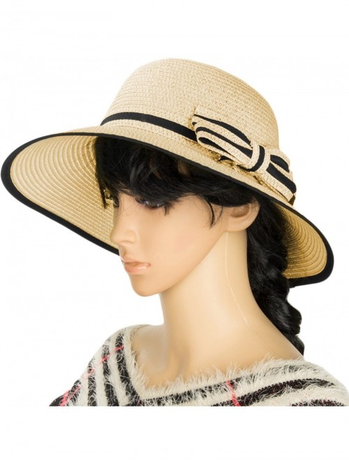 Sun Hats Women's Vintage Classic Derby Panama Hat Floppy Wide Brim Summer Style Beach Hat - Khaki_ - CV12GSPN5BN $20.16