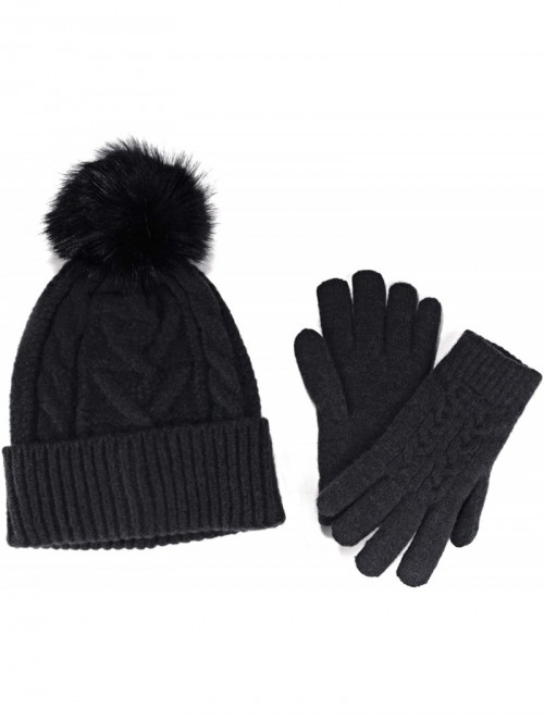 Skullies & Beanies Women's Classic Winter Fleeced Thermal Pom Pom Beanie Hat and Mittens Set - Black Set - CE1944E8XLG $23.67