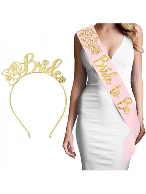 Headbands Modern Silver Bride Mageta Headband - Bride to Be - Gold Floral (Rose Gold Blush Sash - Gold Floral Headband) - CU1...