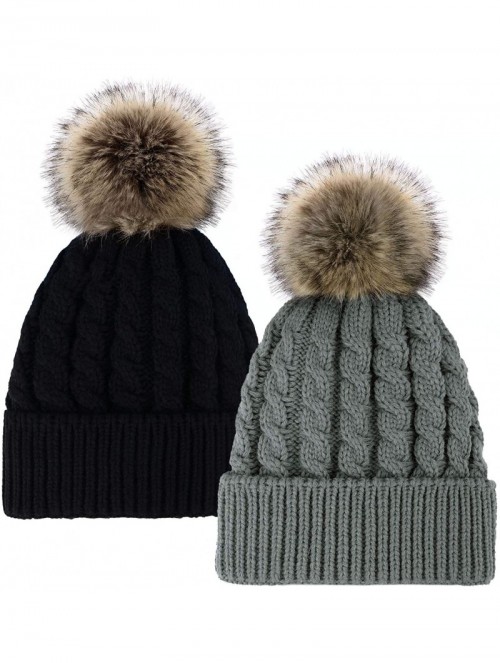 Skullies & Beanies Women's Winter Soft Knit Beanie Hat with Faux Fur Pom Pom - Lot 2_fleece Lined_black and Grey - C318S6TLDW...