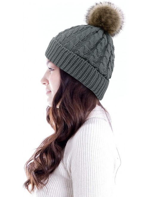 Skullies & Beanies Women's Winter Soft Knit Beanie Hat with Faux Fur Pom Pom - Lot 2_fleece Lined_black and Grey - C318S6TLDW...