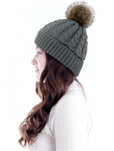 Skullies & Beanies Women's Winter Soft Knit Beanie Hat with Faux Fur Pom Pom - Lot 2_fleece Lined_black and Grey - C318S6TLDW...