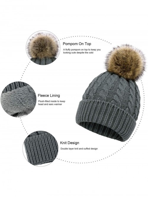 Skullies & Beanies Women's Winter Soft Knit Beanie Hat with Faux Fur Pom Pom - Lot 2_fleece Lined_black and Grey - C318S6TLDW...