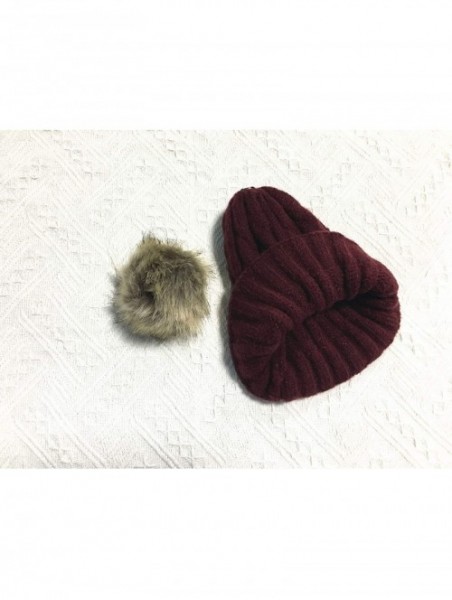 Skullies & Beanies 2PCS Parent-Child Hat Winter Warm Soft Knit Hat Beanie Ski Cap with Removable Pom Pom - Wine Red - C718T3G...