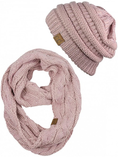 Skullies & Beanies Unisex Soft Stretch Chunky Cable Knit Beanie and Infinity Loop Scarf Set- Rose Metallic - CW18KITAZHZ $25.03