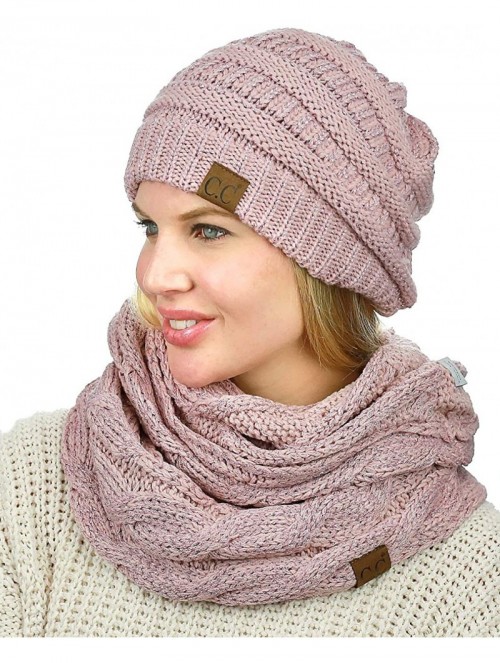 Skullies & Beanies Unisex Soft Stretch Chunky Cable Knit Beanie and Infinity Loop Scarf Set- Rose Metallic - CW18KITAZHZ $25.03