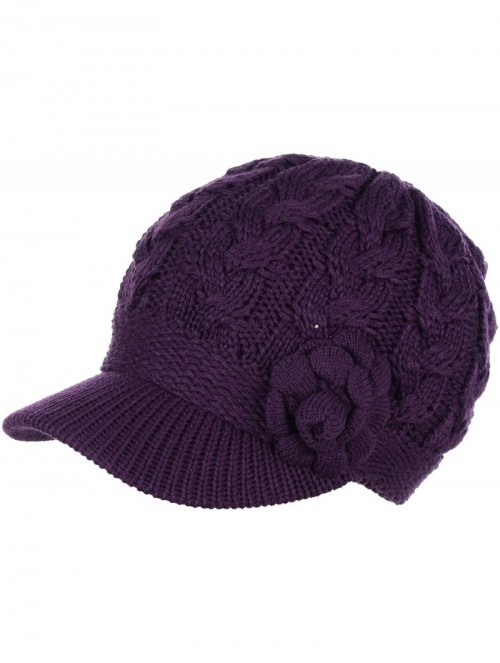 Skullies & Beanies Women's Winter Fleece Lined Elegant Flower Cable Knit Newsboy Cabbie Hat - Purple Cable Flower - CY18ZO8Z4...