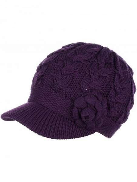 Skullies & Beanies Women's Winter Fleece Lined Elegant Flower Cable Knit Newsboy Cabbie Hat - Purple Cable Flower - CY18ZO8Z4...