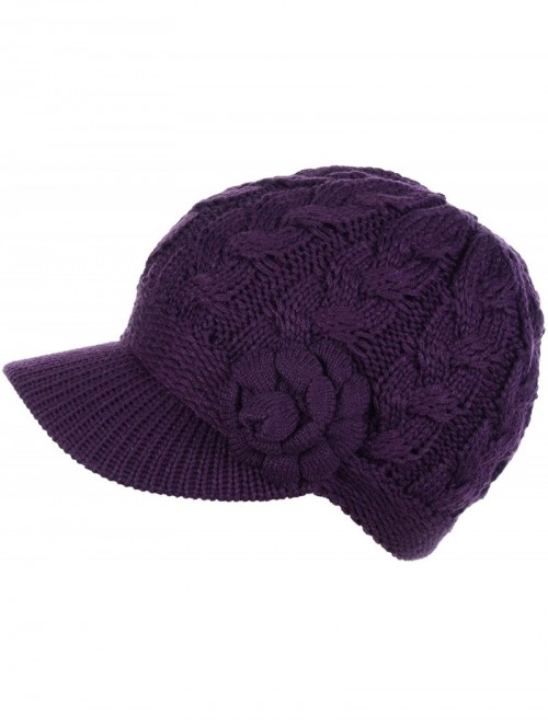 Skullies & Beanies Women's Winter Fleece Lined Elegant Flower Cable Knit Newsboy Cabbie Hat - Purple Cable Flower - CY18ZO8Z4...