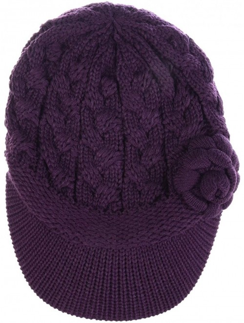 Skullies & Beanies Women's Winter Fleece Lined Elegant Flower Cable Knit Newsboy Cabbie Hat - Purple Cable Flower - CY18ZO8Z4...