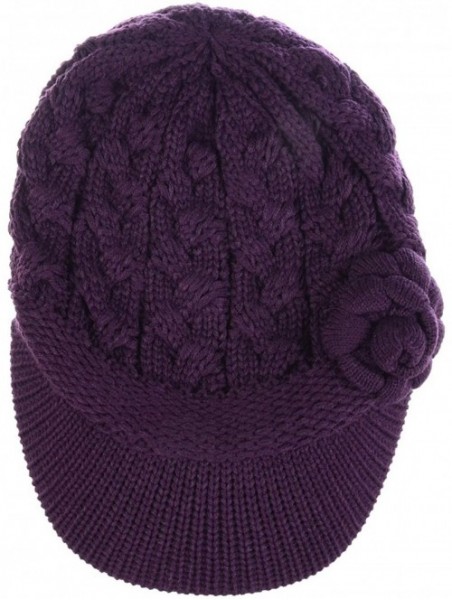 Skullies & Beanies Women's Winter Fleece Lined Elegant Flower Cable Knit Newsboy Cabbie Hat - Purple Cable Flower - CY18ZO8Z4...