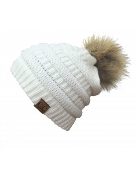 Skullies & Beanies BYSUMMER Soft Stretch Cable Knit Faux Fur Pom Pom Beanie Hat (Ivory) - CX12MXF8J0S $18.19