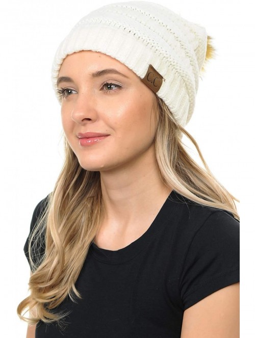 Skullies & Beanies BYSUMMER Soft Stretch Cable Knit Faux Fur Pom Pom Beanie Hat (Ivory) - CX12MXF8J0S $18.19