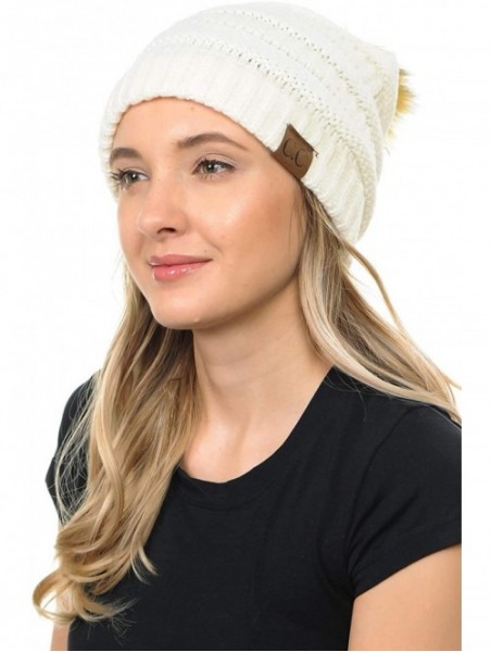 Skullies & Beanies BYSUMMER Soft Stretch Cable Knit Faux Fur Pom Pom Beanie Hat (Ivory) - CX12MXF8J0S $18.19