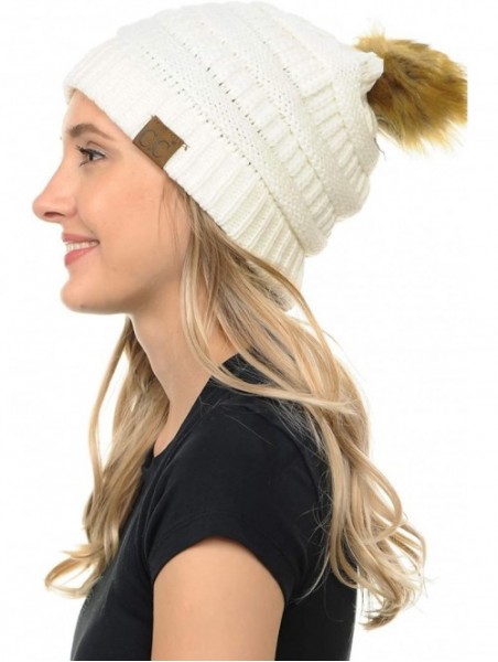 Skullies & Beanies BYSUMMER Soft Stretch Cable Knit Faux Fur Pom Pom Beanie Hat (Ivory) - CX12MXF8J0S $18.19