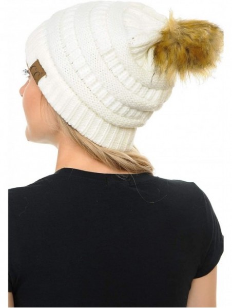 Skullies & Beanies BYSUMMER Soft Stretch Cable Knit Faux Fur Pom Pom Beanie Hat (Ivory) - CX12MXF8J0S $18.19