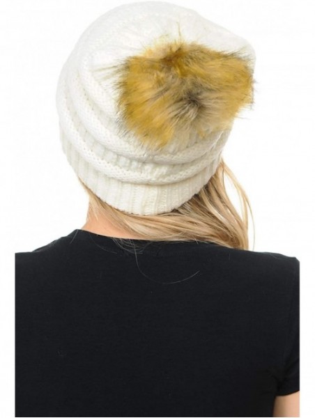 Skullies & Beanies BYSUMMER Soft Stretch Cable Knit Faux Fur Pom Pom Beanie Hat (Ivory) - CX12MXF8J0S $18.19